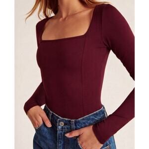 ABERCROMBIE Square Neck Double Lined Long Sleeve Bodysuit Burgundy Small S